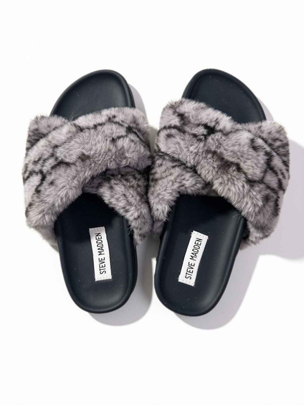 Steve Madden Plush Crisscross Faux-Fur Slides in Gray